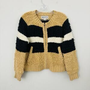 Wild Fox Brown And Black Striped Fuzzy Full Zip Wool Blend Sweater Women’s XS